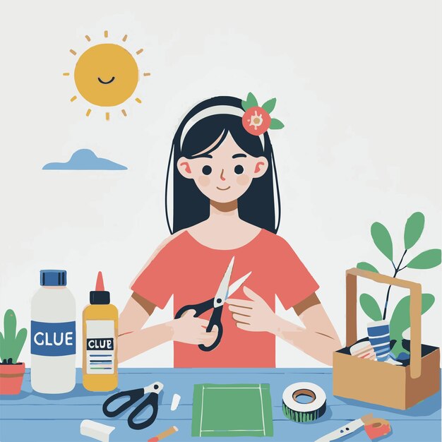 Vector 快乐的女孩做手工