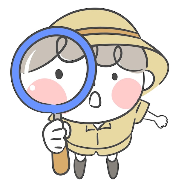 Vector 돋보기를 통해 관찰하는 탐험가 캐릭터의 일러스트