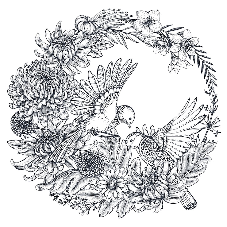 krans met zwart-wit hand getrokken chrysant bloemen