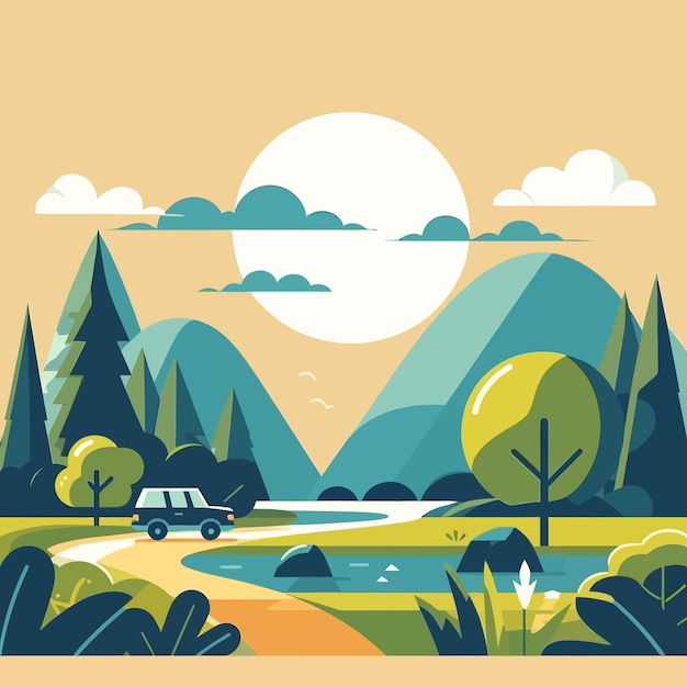Vector 一幅湖中的畫作,背景有一個山
