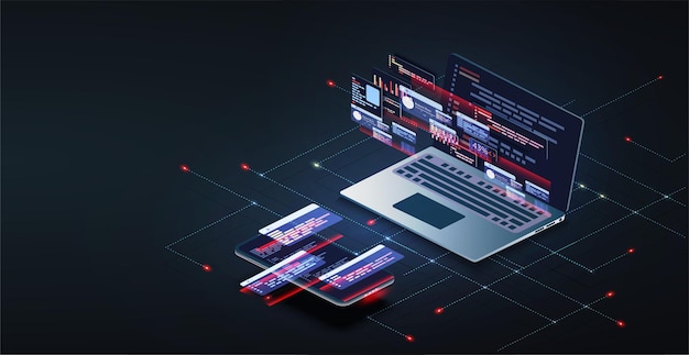Vector programmering en softwareontwikkeling webpagina banner programma code op scherm apparaat softwareontwikkeling codering proces concept programmering testen cross-platform code app op laptop telefoon uiux