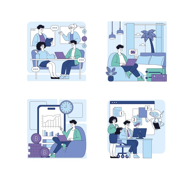 Vector 远程工作与加密货币分析矢量插画