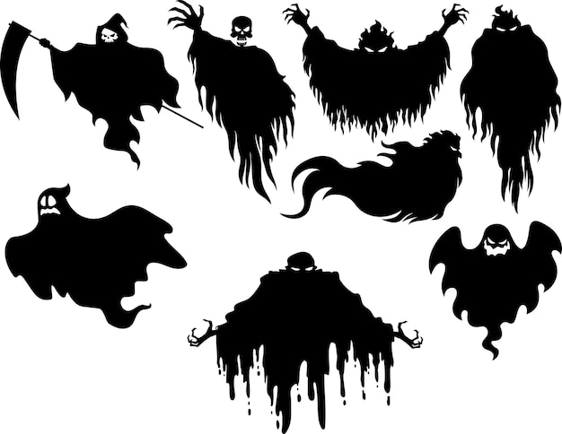 Vector スプーキー・ハロウィーン・ゴースト・ブラック・シルエット・ベクトル・ハンド・ドライン・コレクション・セット