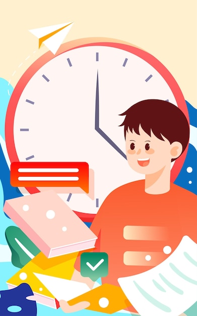 Vector 学生は、背景ベクトルの日付をカウントダウンする時計で本を読んでいます