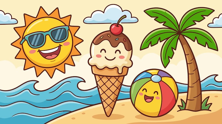 Vector 太陽、アイスクリーム、ヤシの木、ビーチボールが描かれた夏のビーチシーンイラスト