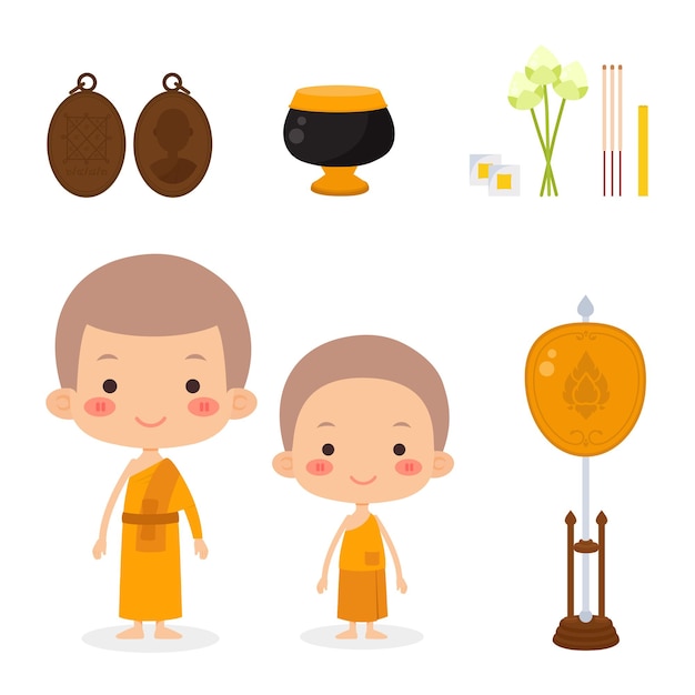 Vector ชุดองค์ประกอบพระสงฆ์และสามเณรไทย