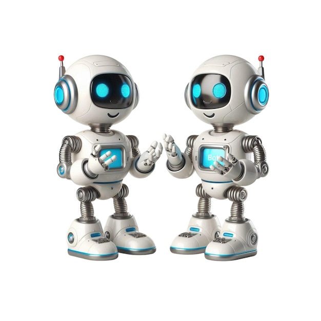 Vector หุ่นยนต์ที่เป็นมิตรสองตัวกำลังคุยกัน การเรนเดอร์ 3 มิติ เวกเตอร์