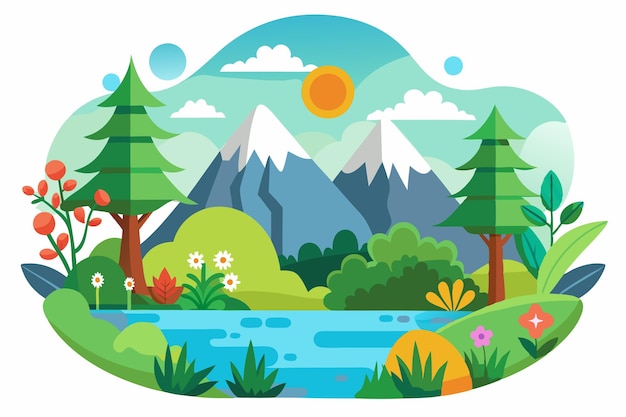 Vector 充满活力的山地景观，蜿蜒的河流和茂盛的树叶