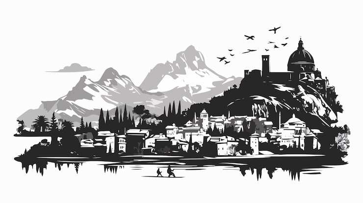 Vektör arka planda bir şehir olan bir şehrin siyah beyaz çizimi