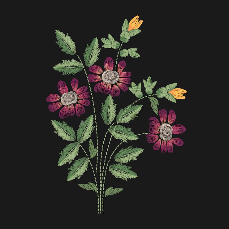 Vektor engblomst broderet med pink, gule og grønne sting illustration.
