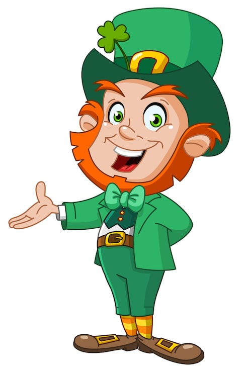 Vektor glad tecknad leprechaun som presenterar med handen