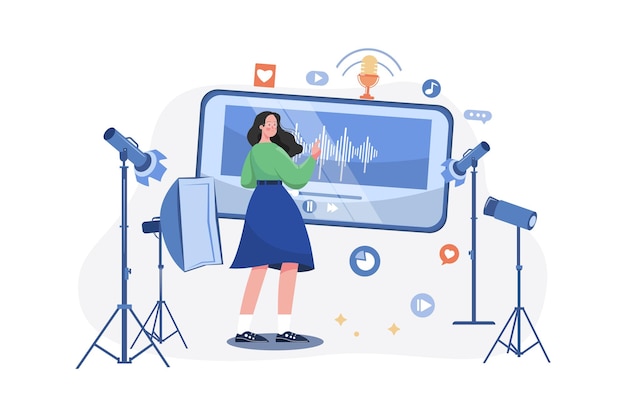 Vektor kvinde redigerer podcast i studiet
