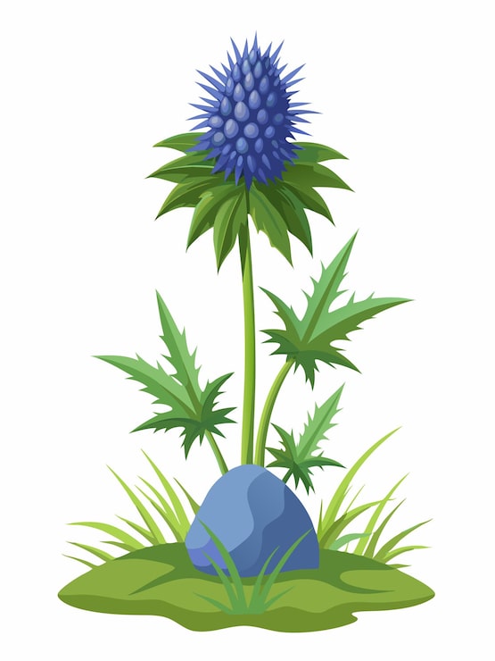 Vektör mavi bir eryngium çiçeği çimenlerde, başlığı quot başlık quot olan