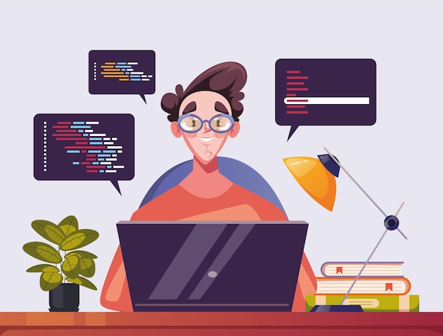 Vektor programmerer arbejder ved bærbar computer websted kode program koncept