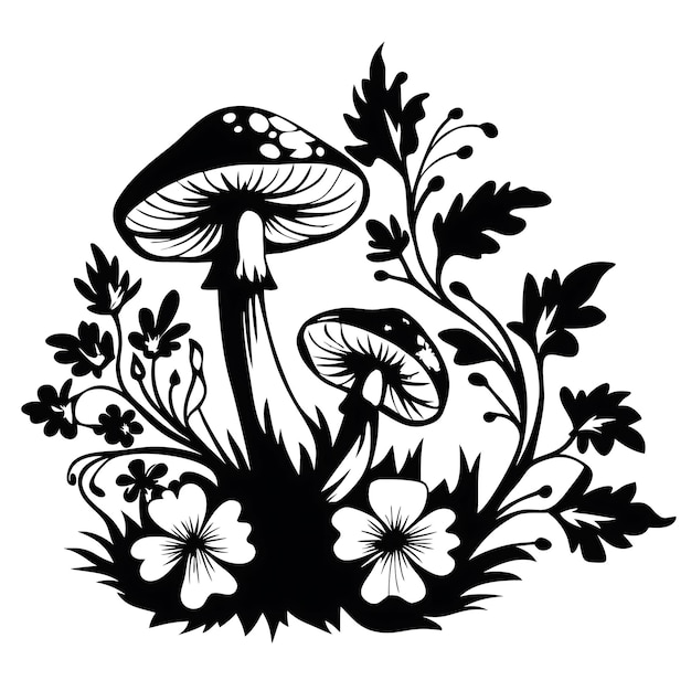 Svamp med vildblommor Illustration i svartvitt