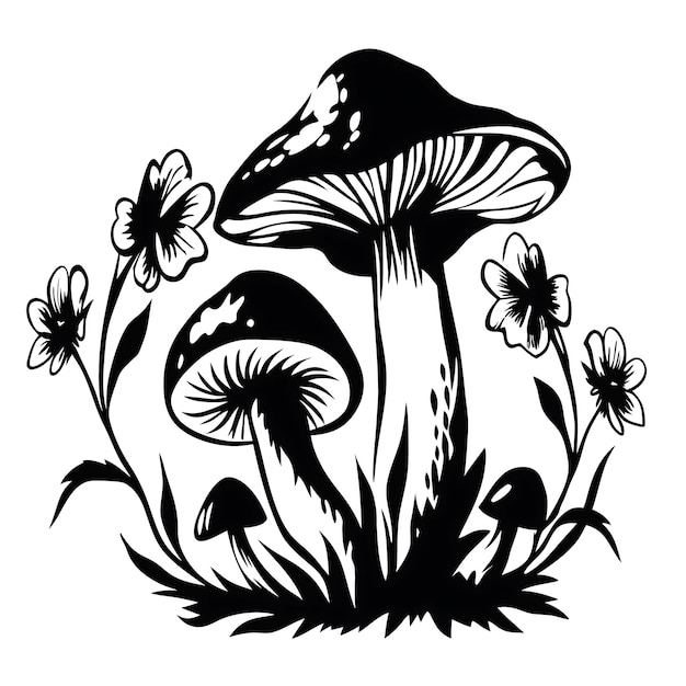 Svamp med vildblommor Illustration i svartvitt