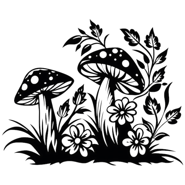 Svampe med vilde blomster illustration i sort og hvid