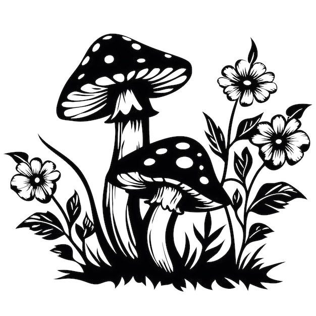 Svampe med vilde blomster illustration i sort og hvid