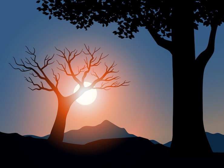 Vektori kirkas auringonlasku- tai auringonnousutausta puun siluetilla