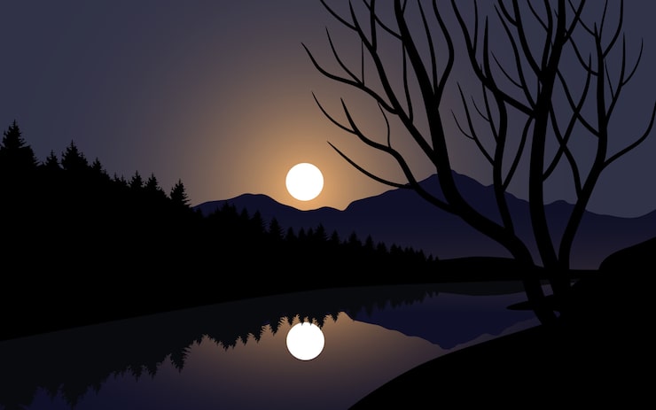 Wektor noc ilustracja w świetle księżyca i rzeki