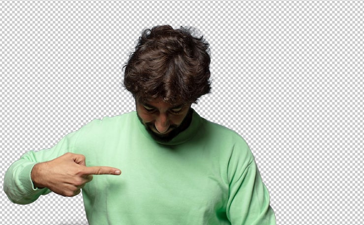 PSD mỉm cười vui vẻ và bình thường, nhìn xuống và chỉ vào ngực