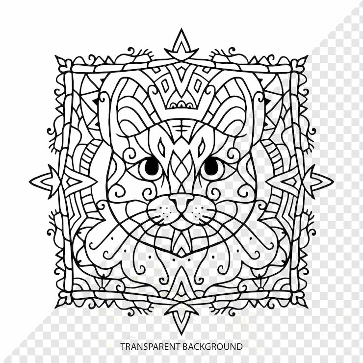 PSD minh họa mandala nét vẽ mặt mèo tinh xảo