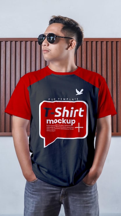 PSD người đàn ông đeo kính râm mặc áo thun raglan mockup
