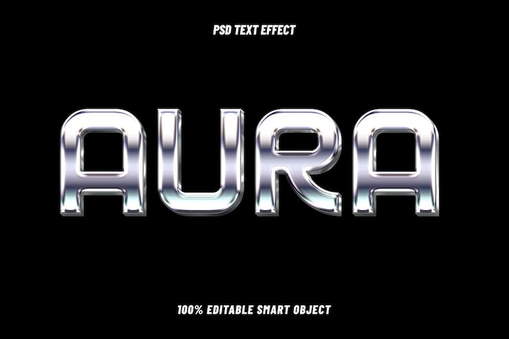 PSD gratuito aura editable chrome y estilo de texto plateado