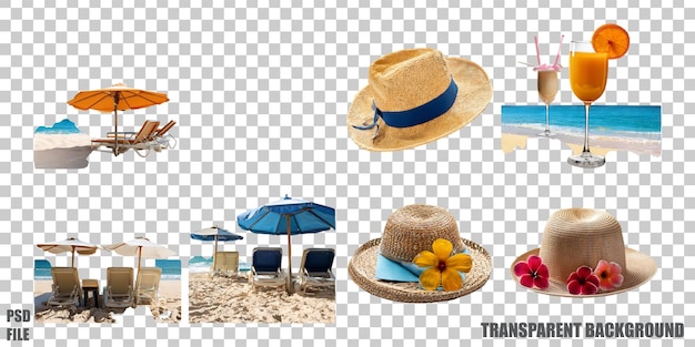 PSD gratuito básicos para la playa con sombreros y bebidas refrescantes