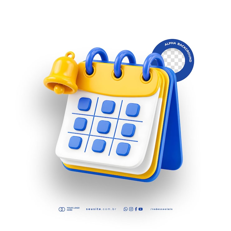 PSD gratuito calendario de dibujos animados 3d con campana, aislado