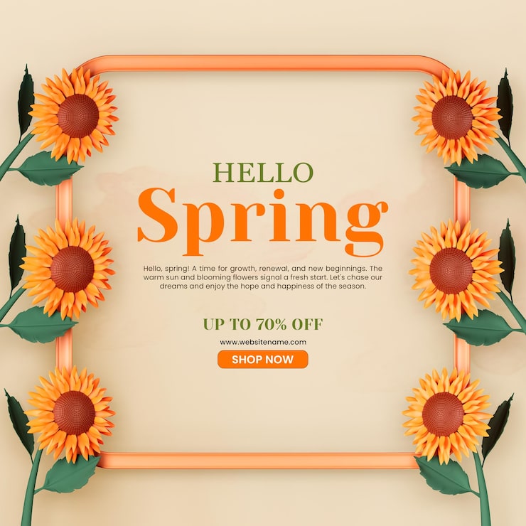 PSD gratuito ciao modello di post di auguri di primavera con girasole