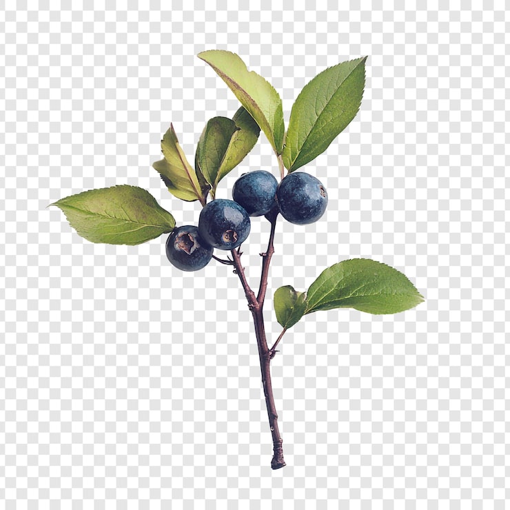 PSD Gratis close up cabang dengan tiga blueberry dan daun hijau subur