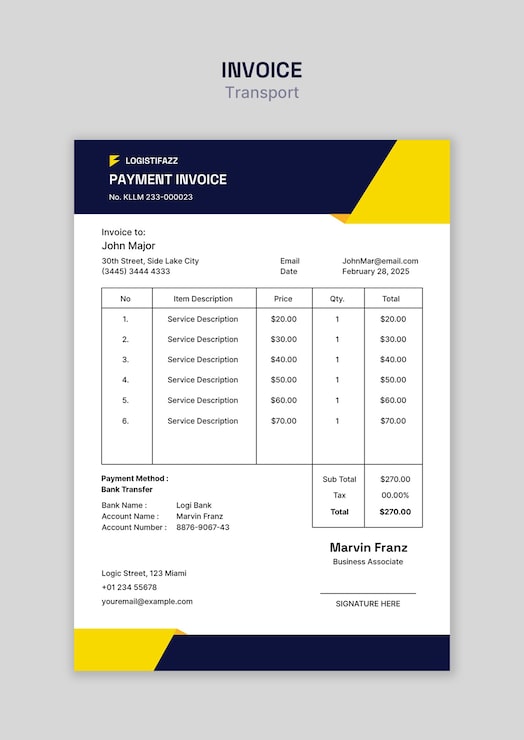 PSD Gratis desain templat invoice transportasi