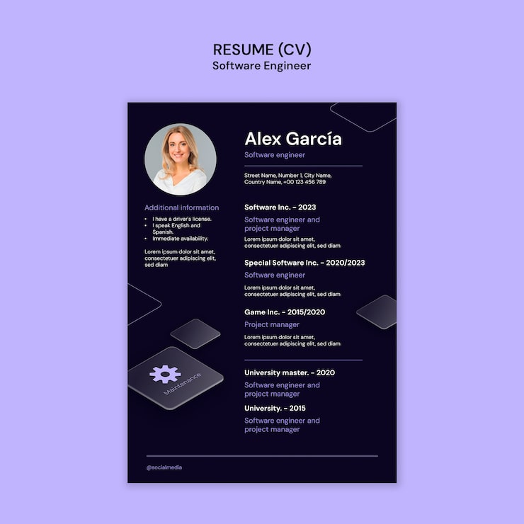 PSD gratuito diseño de plantillas de currículum para ingenieros de software