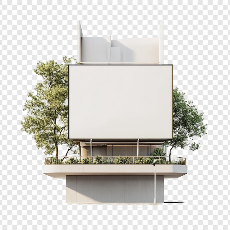 PSD gratuito edificio moderno con cartelera en blanco y balcón