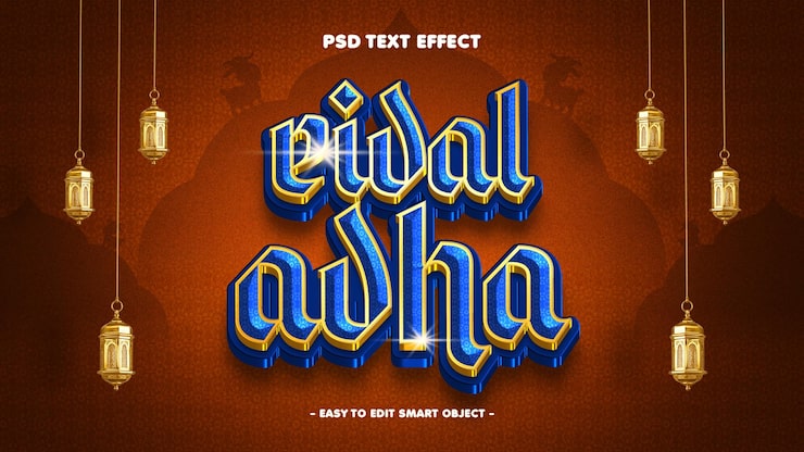 Gratis PSD eid al adha mubarak bewerkbaar teksteffect.