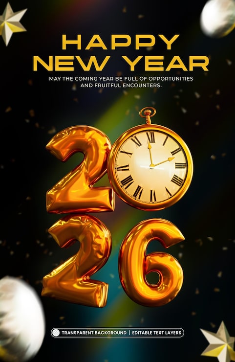 PSD gratuito feliz año nuevo 2026 globo de papel de aluminio dorado plantilla de renderizado 3d