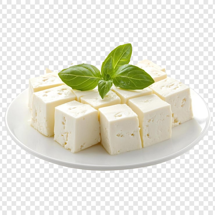 PSD gratuito freschi cubi di cremoso formaggio feta su un piatto guarnito con basilico