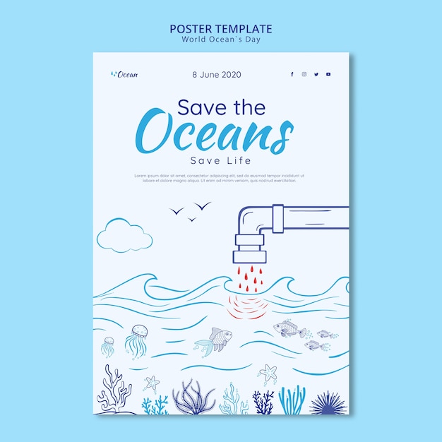 PSD gratuito guarde la plantilla del póster de los océanos