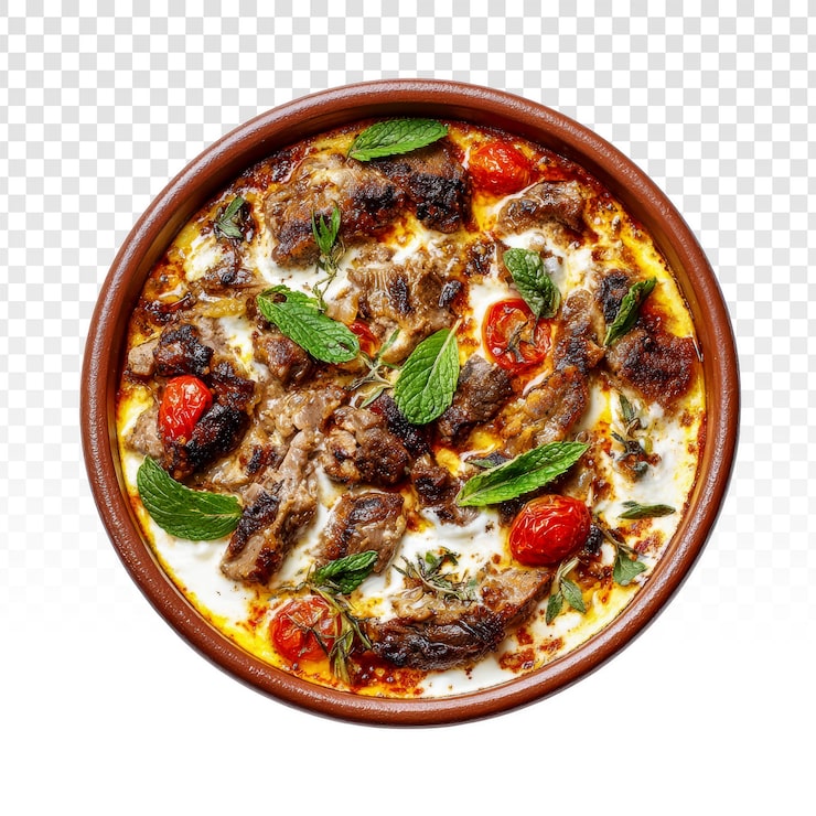 PSD Gratis hidangan daging gurih dengan tomat ceri dan daun mint segar