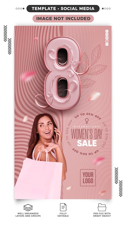 PSD gratuito historias redes sociales venta del día internacional de la mujer 8 de marzo