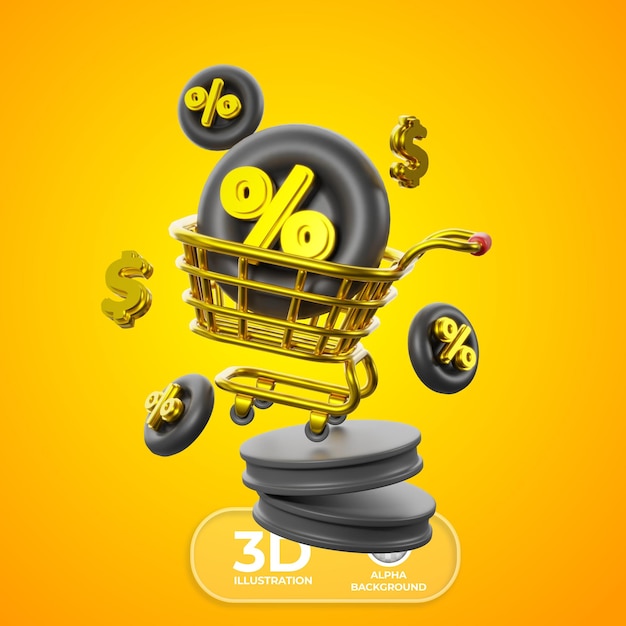 PSD gratuito ilustración 3d de carrito de compras de black friday