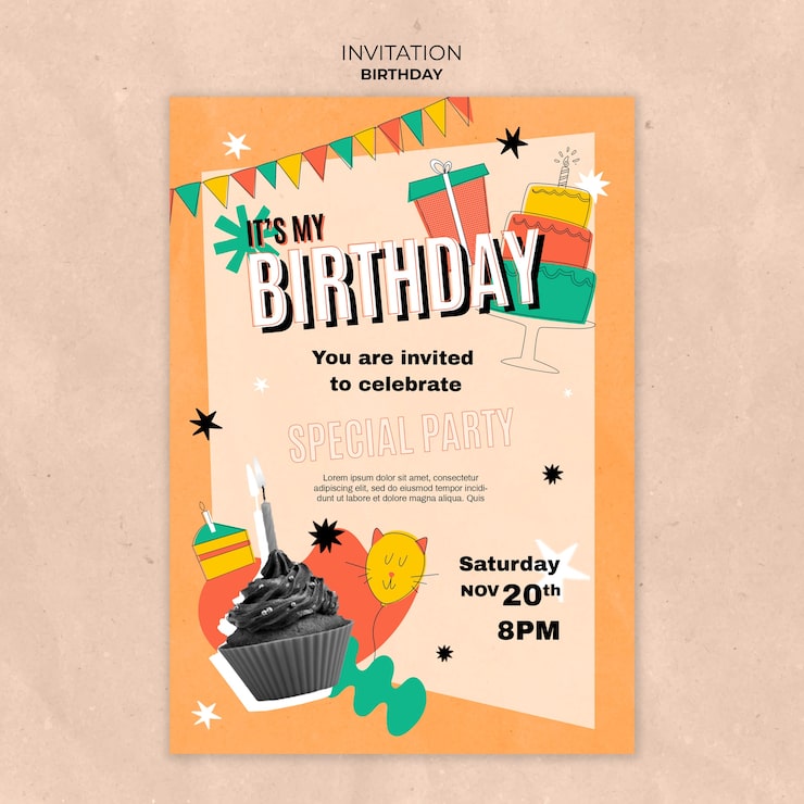 PSD gratuito invitación de feliz cumpleaños dibujada a mano