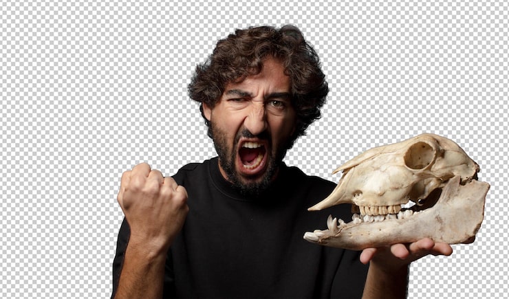 Gratis PSD jonge baarde gekke man die een dierlijke schedel vasthoudt