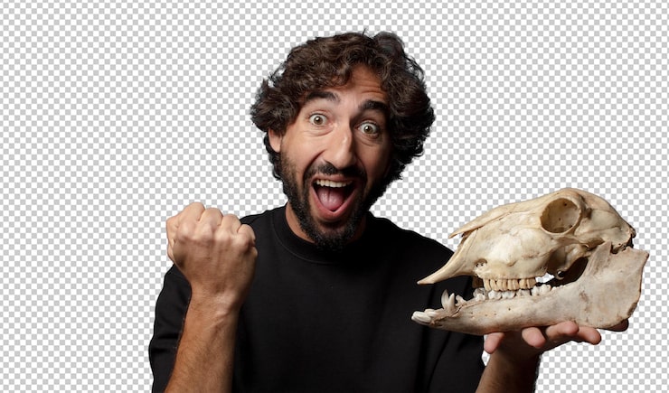 Gratis PSD jonge baarde gekke man die een dierlijke schedel vasthoudt
