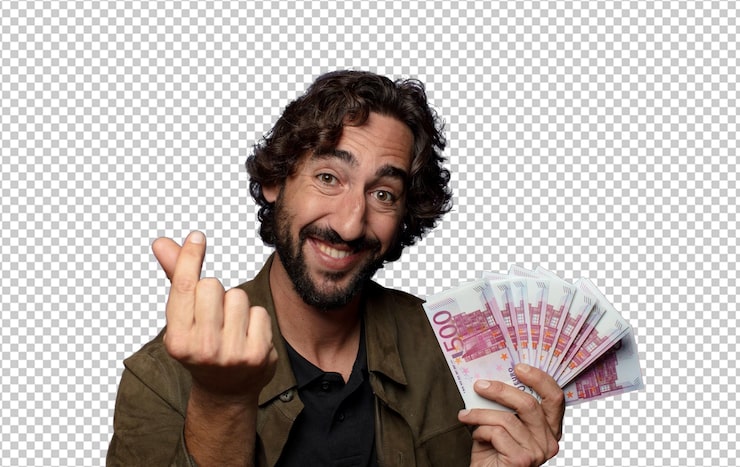 PSD gratuito joven barbudo con billetes de banco
