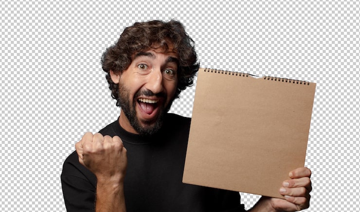 PSD gratuito un joven loco barbudo con una portada de cuaderno vacía
