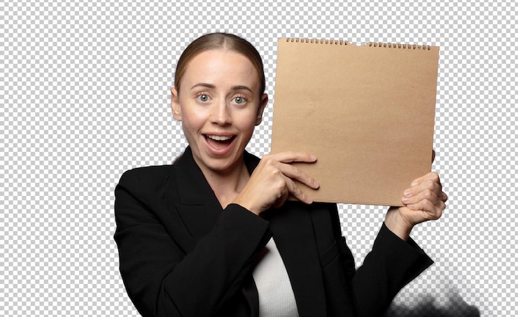 PSD gratuito una joven rubia con un cuaderno en blanco