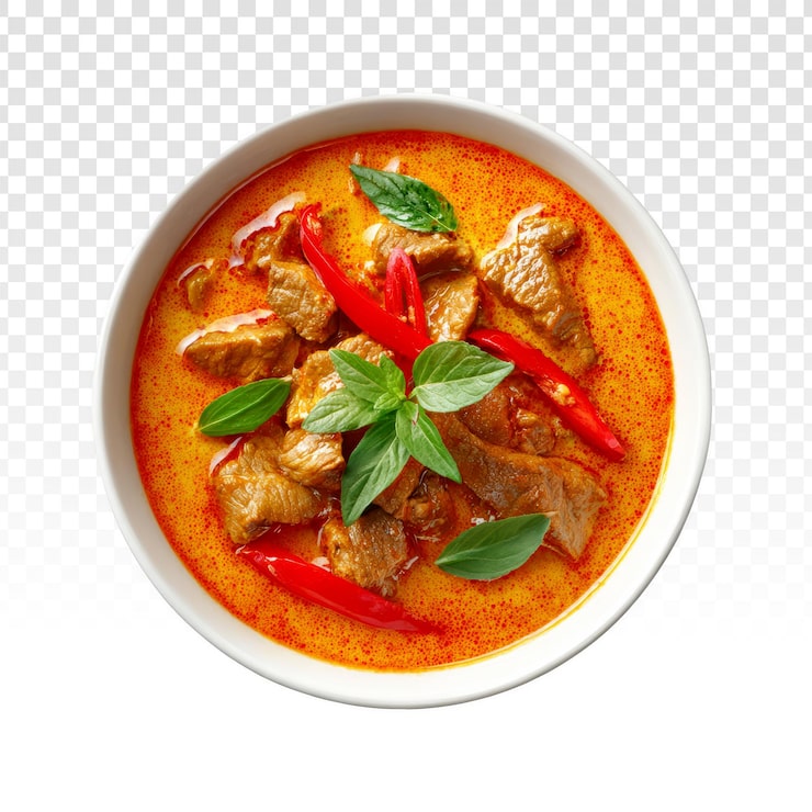 PSD Gratis kari merah dengan daging sapi dan daun basil