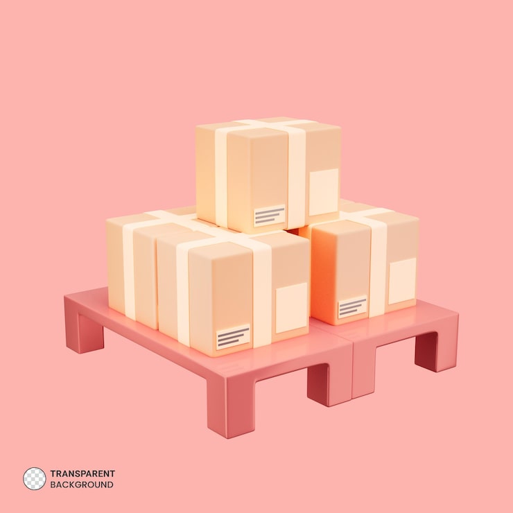 Gratis PSD kartonnen dozen op beboste palletpictogram geïsoleerde 3d render illustratie
